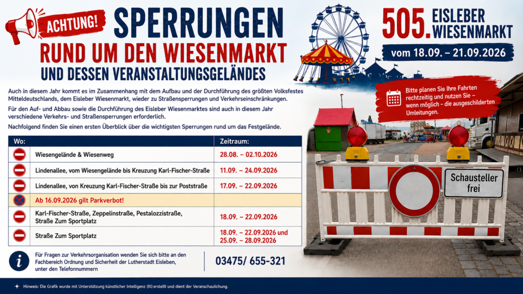🚧 Sperrungen rund um den 505. Eisleber Wiesenmarkt und dessen Veranstaltungsgeländes