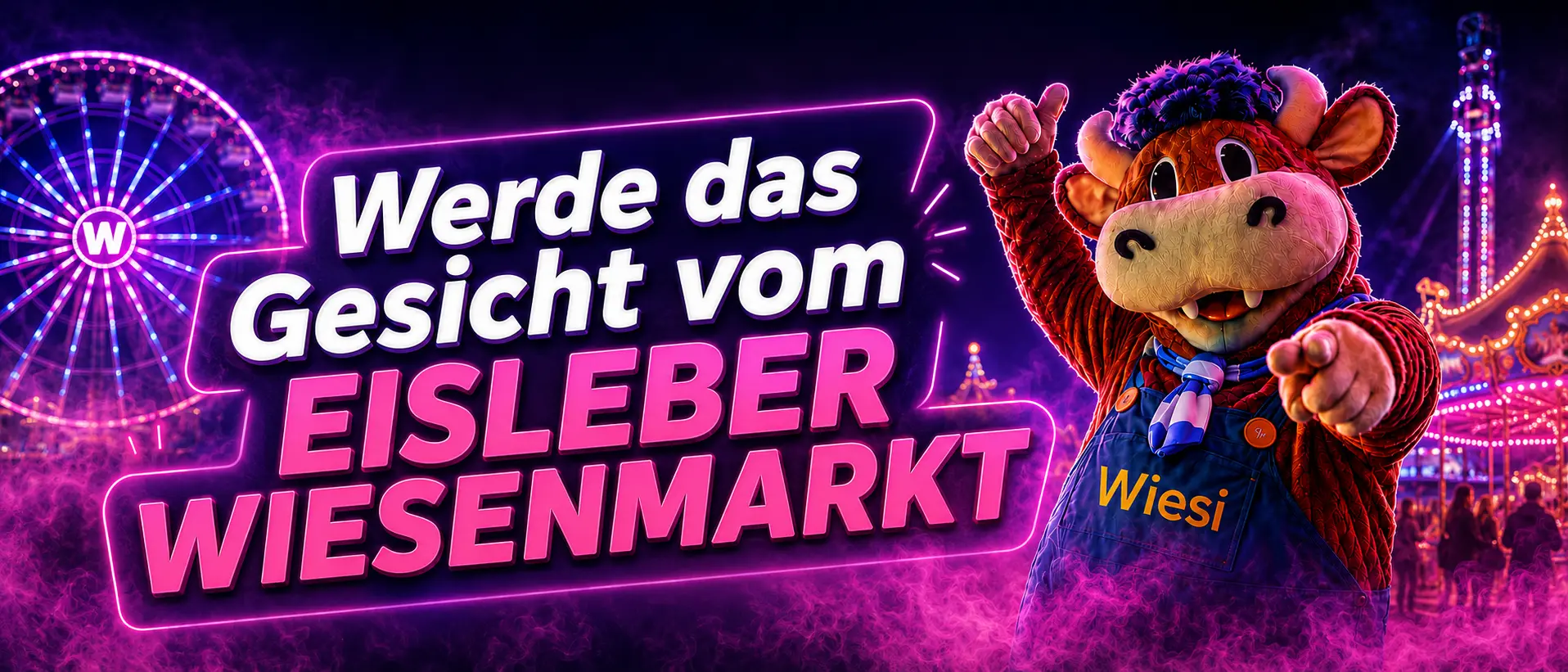 Maskottchen Wiesi vor Riesenrad und Lichterketten: Werde das Gesicht vom Eisleber Wiesenmarkt